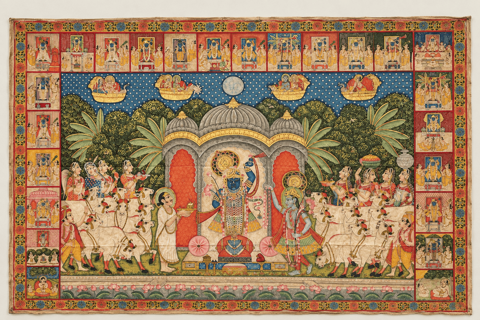 Handmade Shrinathji Pichwai Painting with Cows & Gopis